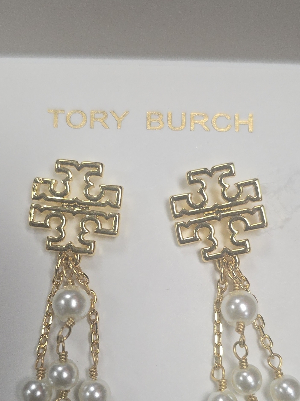 New Authentic Tory Burch Gold-Tone Logo Faux Pearl Dangle Drop Stud Earrings - Picture 2 of 6